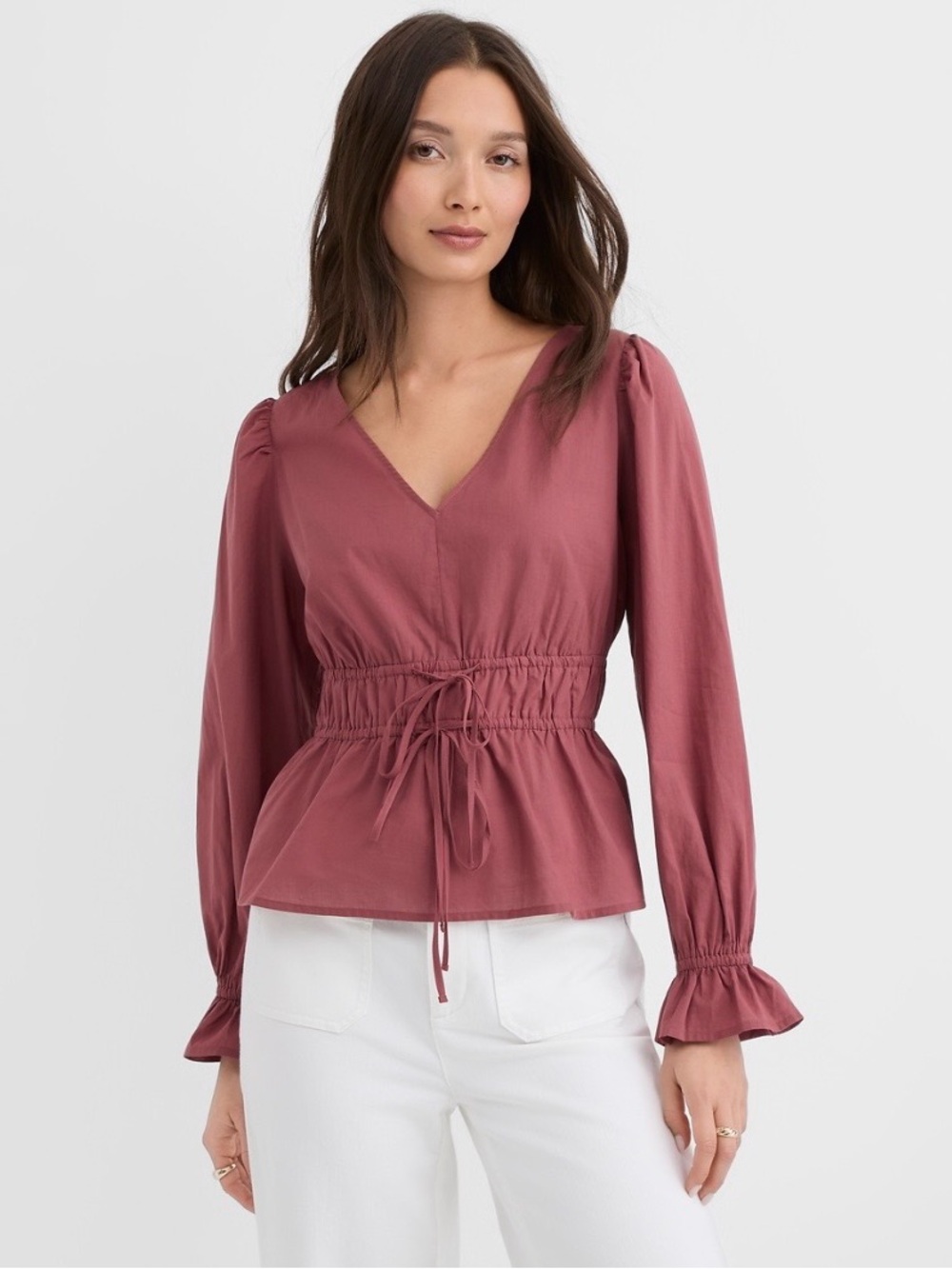 LOFT Double Tie Waist V-Neck Top in Dusty Rose - Picture 2 of 11